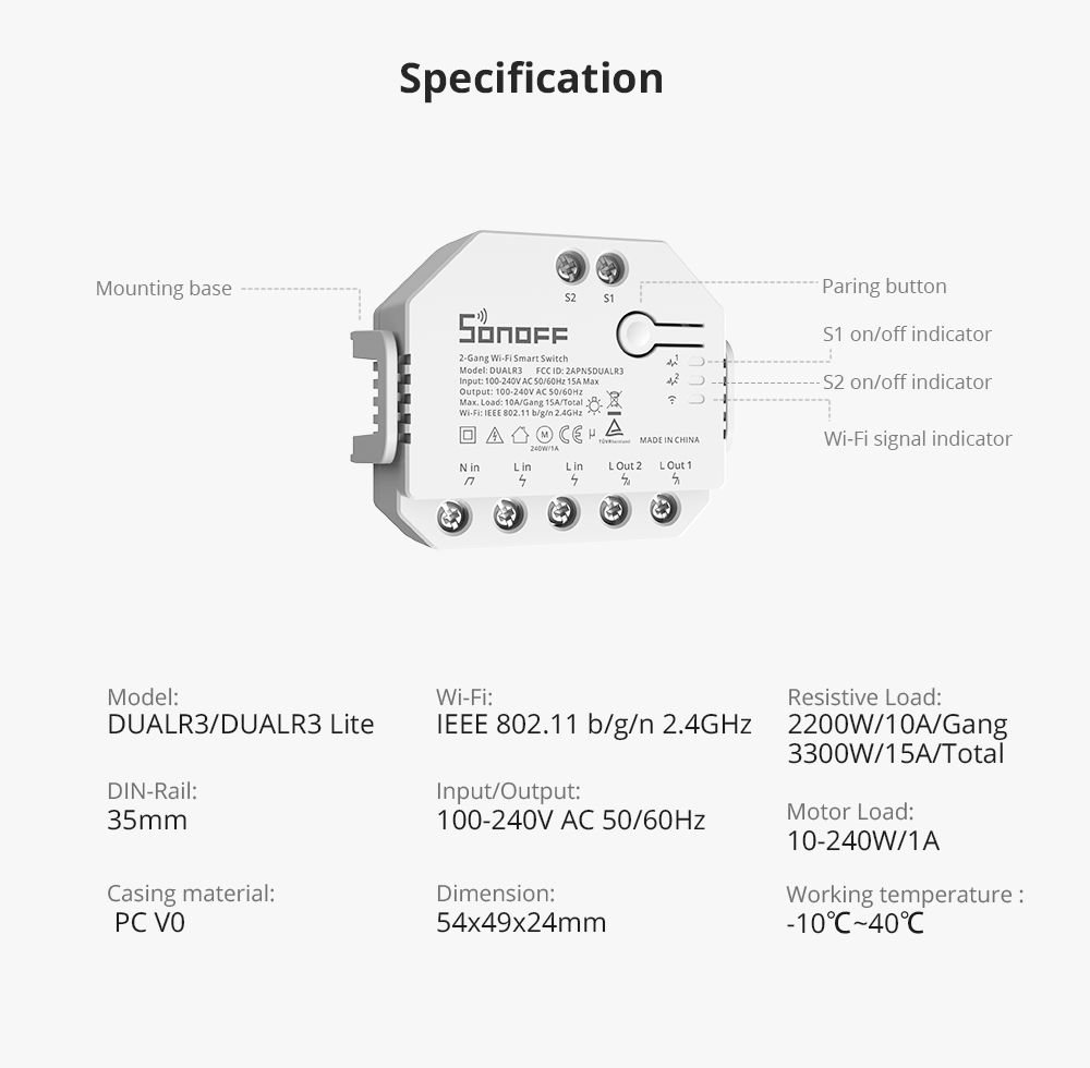 مفتاح ذكي Sonoff DUALR3 – ثنائي القنوات أو لمحركات، واي فاي 16 أمبير - الصورة 4
